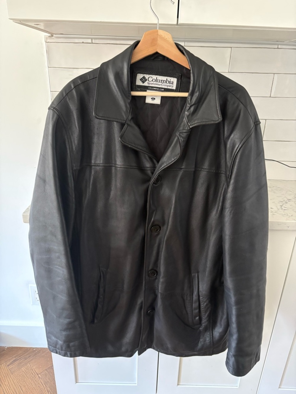 Columbia Black Leather Button-Front Shirt Jacket